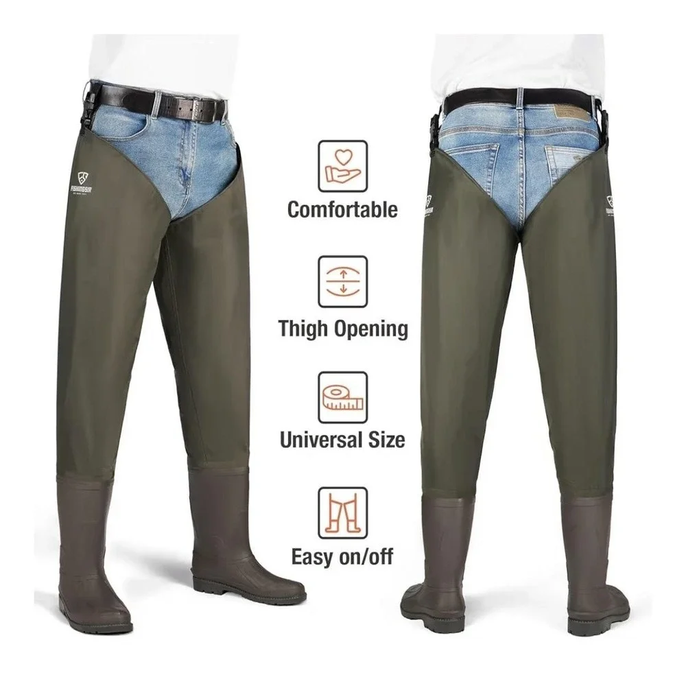 HISEA Bootfoot Hip Waders Mens 10 Green Nylon PVC Waterproof Fishing Boots